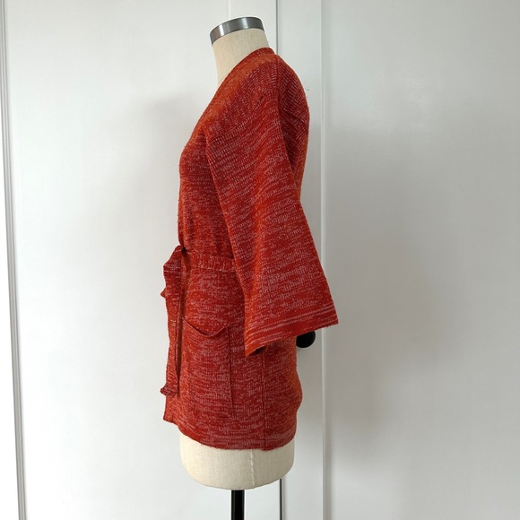 Vintage Rust Orange Marled Knit Tie Waist Cardigan 3/4 Sleeve 70s XS S Robe - Picture 7 of 9